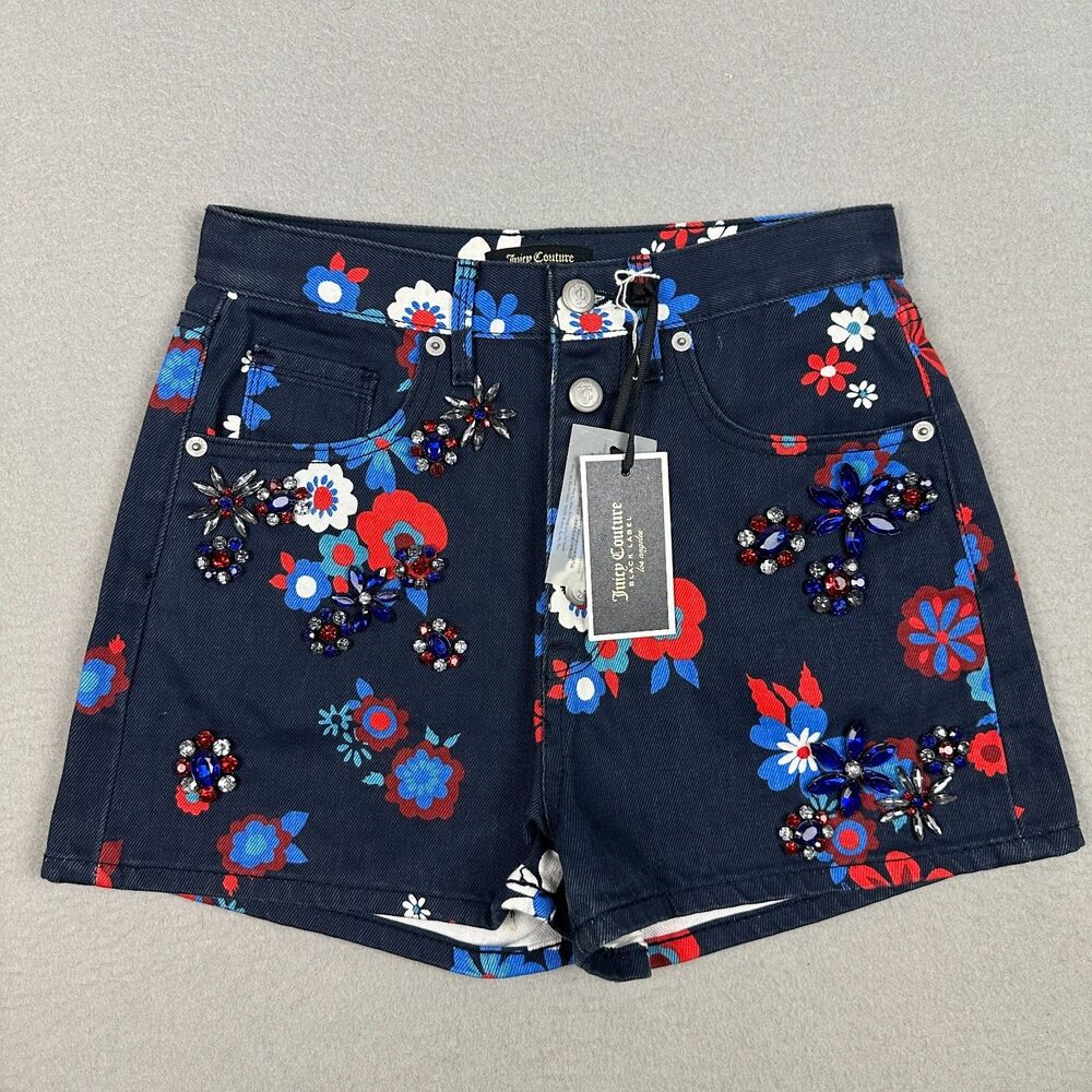 NEW Juicy Couture Womens 26 Hayworth Floral Embellished Denim Shorts Blue 2"